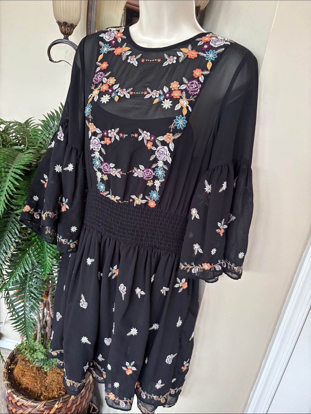 Maeve Anthropologie Black Floral Embroidered Layered Sheer Ruffle Mini Dress - Picture 5 of 15